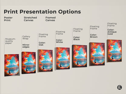 Various print presentation options including poster prints stretched canvas and framed canvas artwork. All display the Mount Fuji and girl reading art. Find the perfect style to match your home decor today.