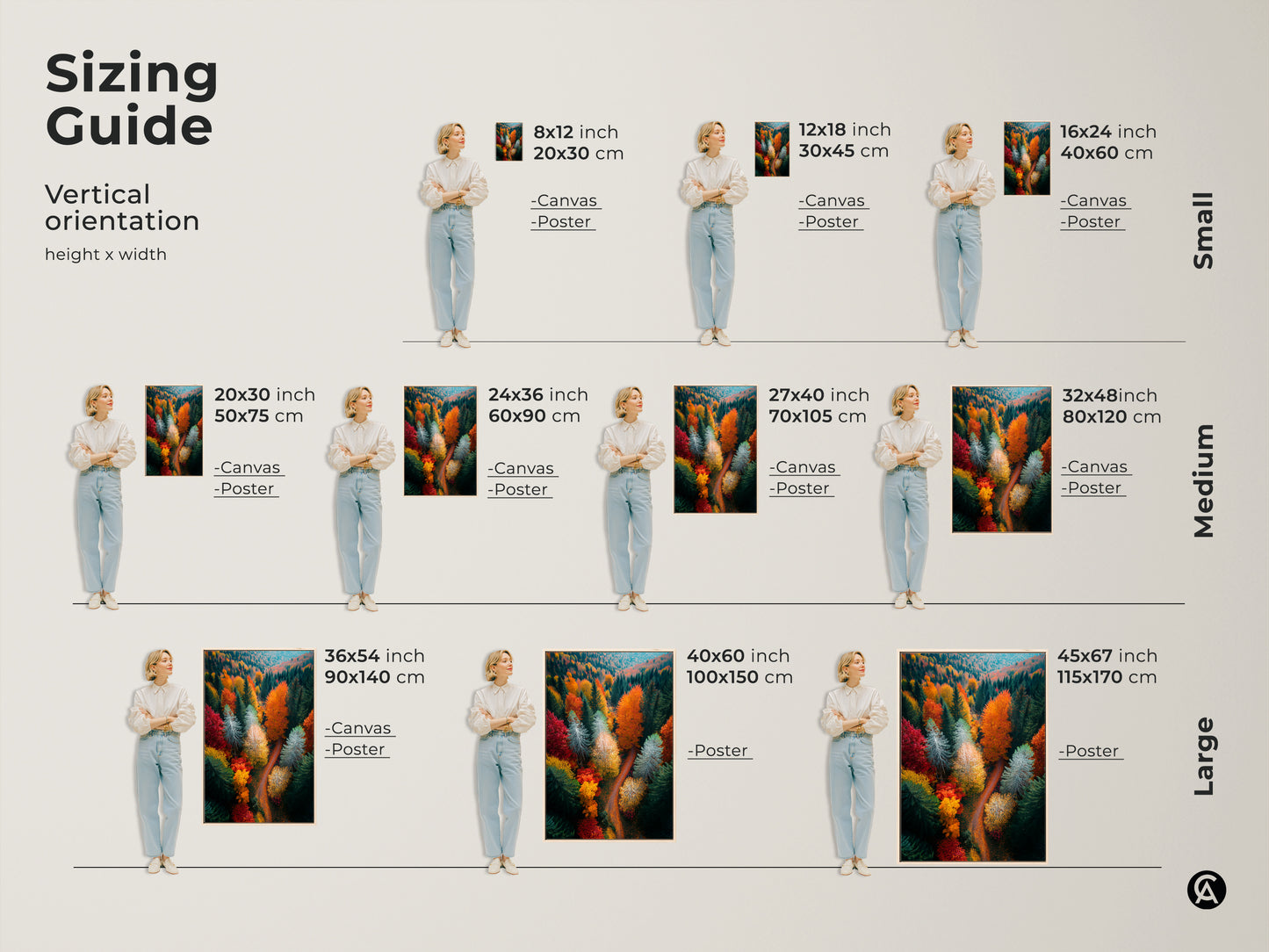 Sizing guide for vertical forest art prints. Available as canvas or poster in small medium and large sizes. Visualize the art's impact with our scale guide. Find the perfect size for your wall decor needs.