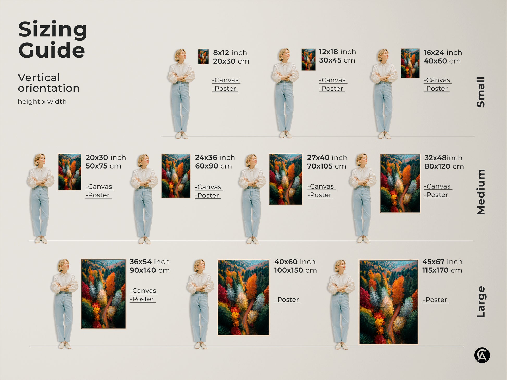 Sizing guide for vertical forest art prints. Available as canvas or poster in small medium and large sizes. Visualize the art's impact with our scale guide. Find the perfect size for your wall decor needs.