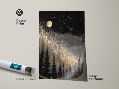 Discover the abstract night sky art as a rolled poster print. The gold forest moon canvas provides a unique gift option. Frame this black and grey celestial artwork easily.
