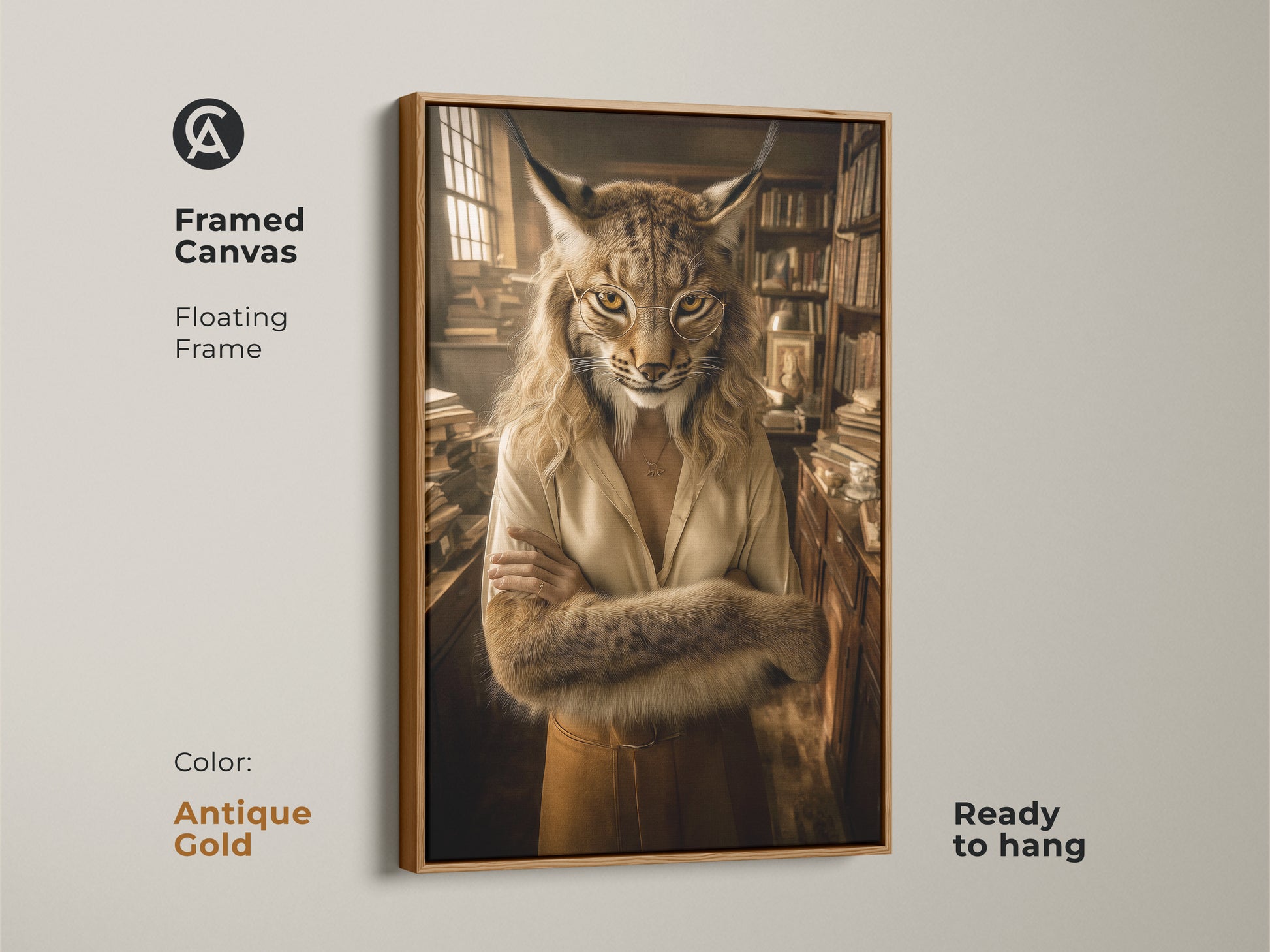 Framed canvas featuring a lynx art print in an antique gold floating frame. This unique animal portrait adds character to a classic bookshelf setting. A perfect literary gift for a sophisticated home office.