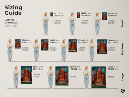 Sizing guide showing vertical art prints in small medium and large sizes. Displayed is a cityscape art print demonstrating the scale. Find the ideal fit for your wall and space with poster or canvas options available to complement your style.