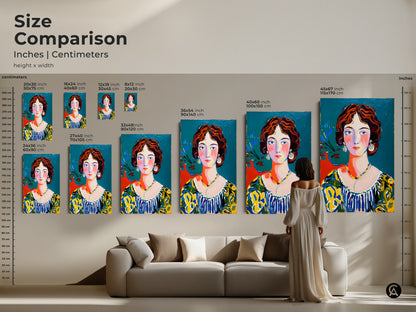 Size comparison of the woman's portrait artwork. See how different sizes look in a living room setting. Sizes range from small to extra large. Choose the ideal dimensions for your space. Enhance your home decor with this beautiful artwork.