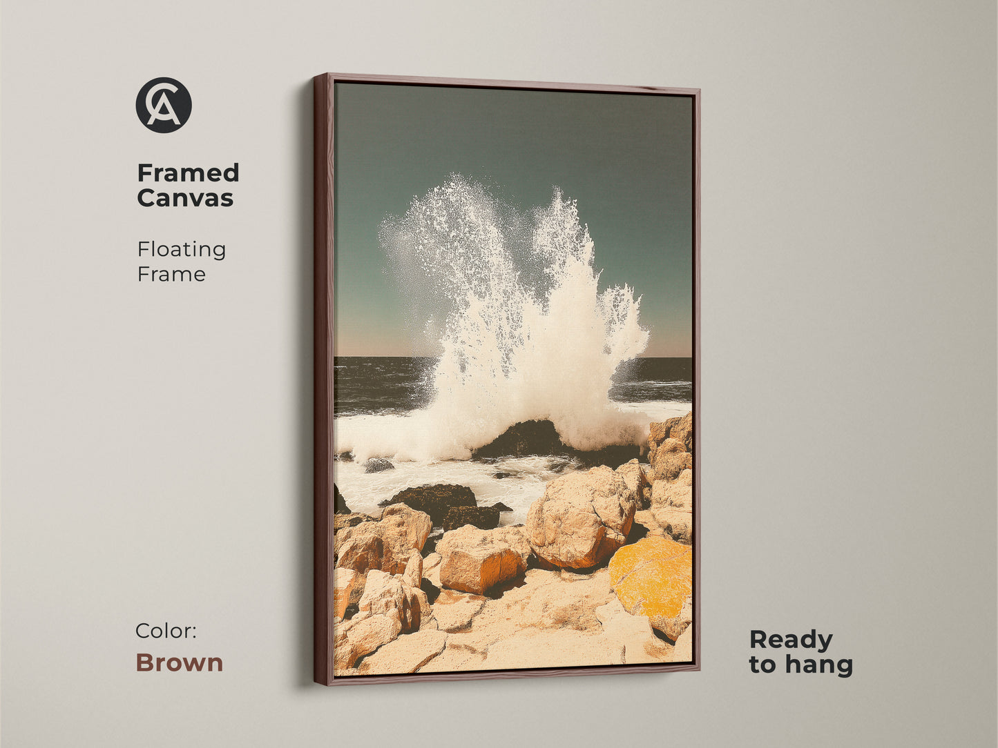 Framed canvas with antique gold frame showcasing teal ocean wave art. Coastal seascape wall art captures a crashing wave on a rocky shore. Ready to hang this beach house canvas art adds coastal living charm providing serene power.