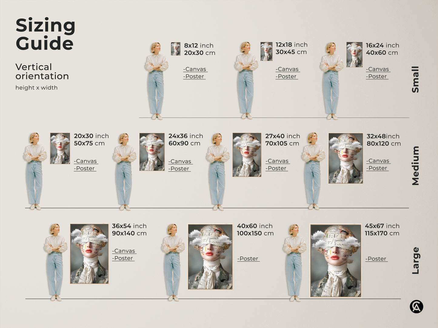Sizing guide for surreal woman portrait art print. Visualize art in vertical orientations. Choose from canvas or poster in various sizes. Small medium and large formats are available. Perfect for eclectic bedroom decor.