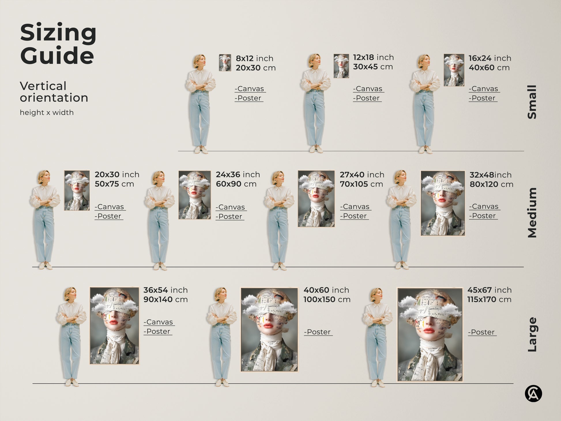 Sizing guide for surreal woman portrait art print. Visualize art in vertical orientations. Choose from canvas or poster in various sizes. Small medium and large formats are available. Perfect for eclectic bedroom decor.