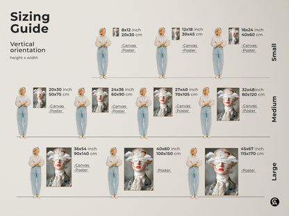 Sizing guide for surreal woman portrait art print. Visualize art in vertical orientations. Choose from canvas or poster in various sizes. Small medium and large formats are available. Perfect for eclectic bedroom decor.
