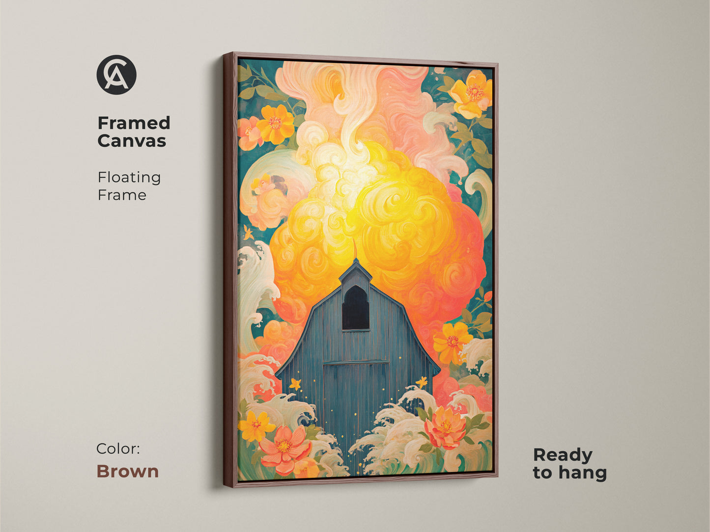 Framed Canvas artwork featuring a Blue Barn with Yellow Coral flowers and abstract sky. The brown floating frame accentuates this eclectic country home decor. Ready to hang this floral abstract art print enhances any space. It is perfect for farmhouse wall art a thoughtful gift idea for nature lovers.