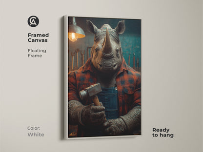 Print presentation options for rhino mechanic artwork. Choose from poster print stretched canvas or framed canvas. Floating frames are available in Oak White Black Brown and Antique Gold. Museum-quality paper and mirror edges ensure a premium finish. Perfect for industrial garage decor.