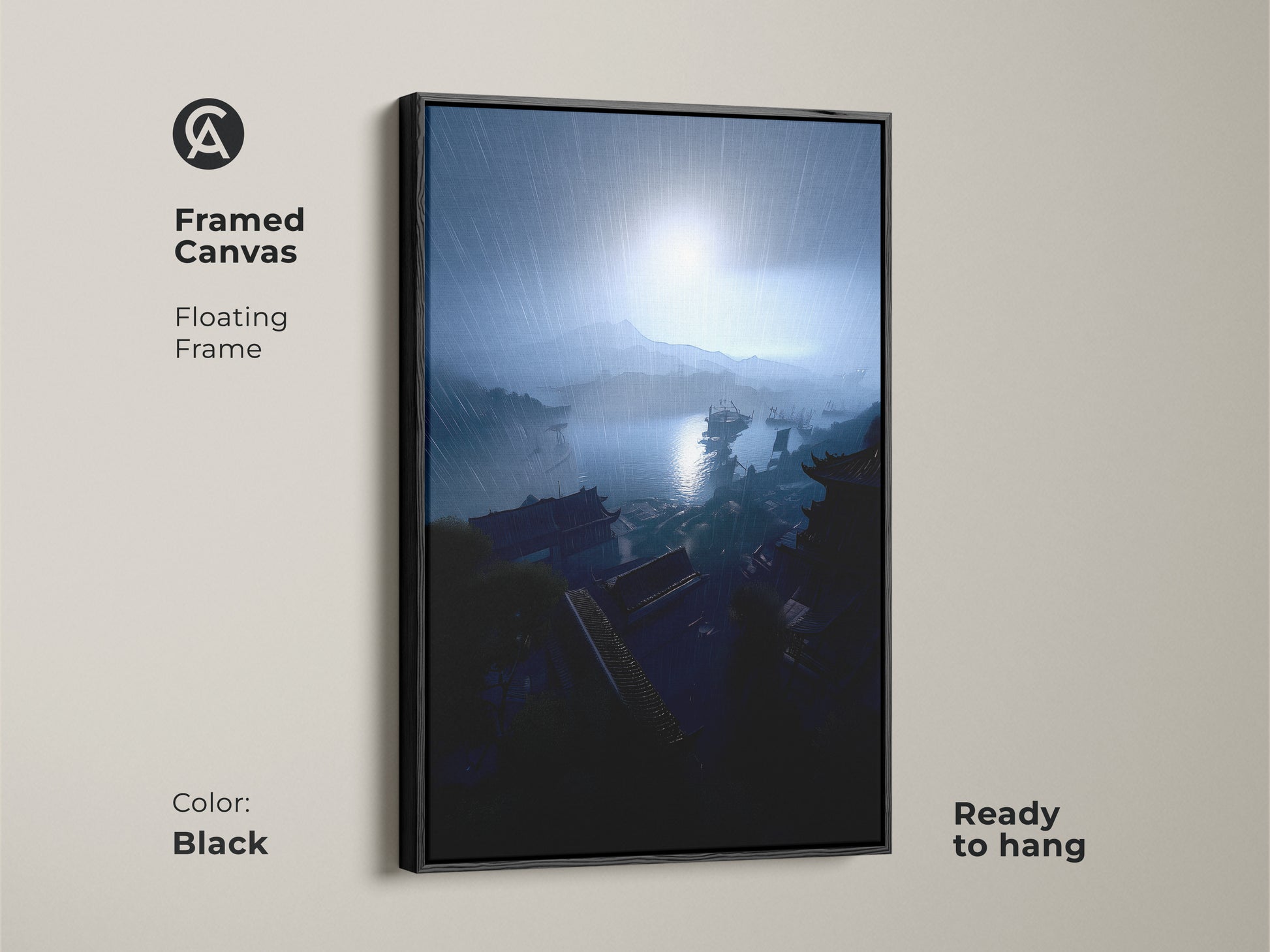 Framed canvas art of a coastal cityscape on a rainy day. The navy blue and gray artwork features a floating black frame. It's a ready-to-hang piece that adds a modern touch. This harbor view canvas is ideal for residential wall decor. Enhance your space with this unique landscape print. It's a sophisticated addition to any room.