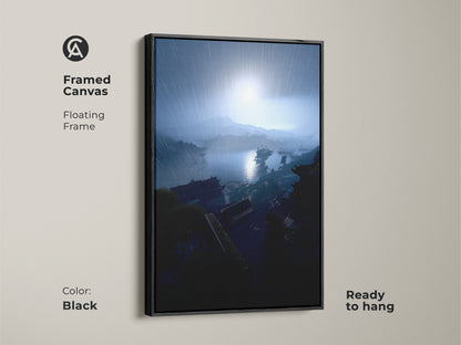 Framed canvas art of a coastal cityscape on a rainy day. The navy blue and gray artwork features a floating black frame. It's a ready-to-hang piece that adds a modern touch. This harbor view canvas is ideal for residential wall decor. Enhance your space with this unique landscape print. It's a sophisticated addition to any room.
