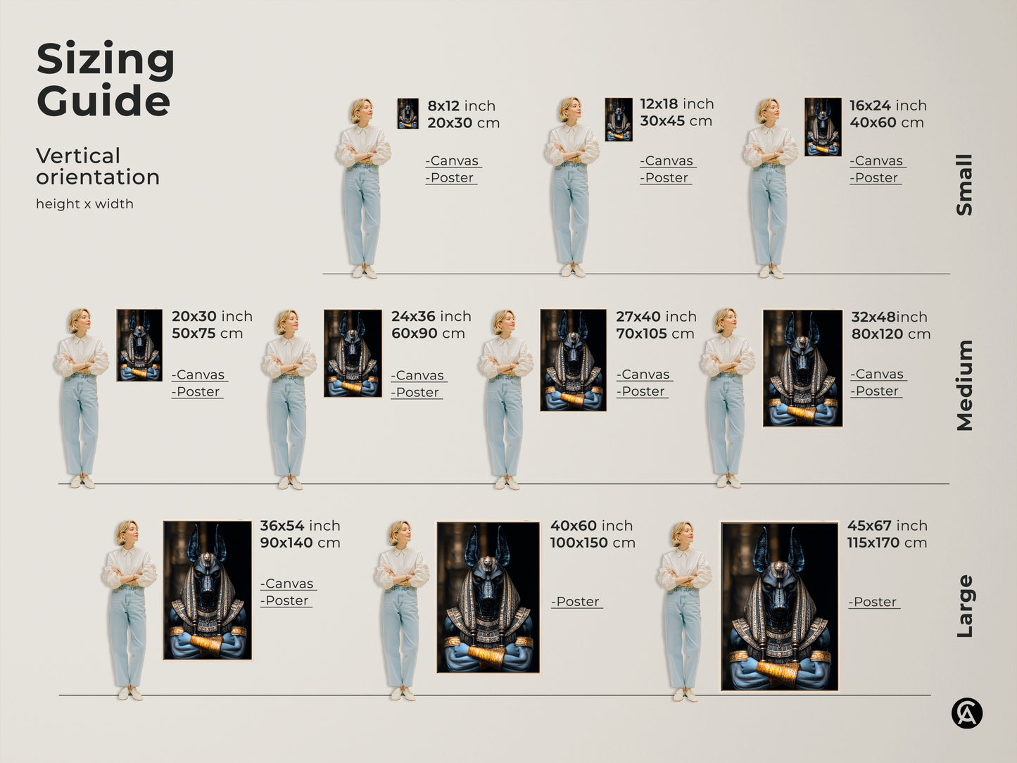 Sizing guide for vertical orientation. Anubis Jackal God Art Print in canvas and poster options. Available in small medium and large sizes. Perfect Egyptian Mythology Wall Decor for study room wall art or eclectic home decor. Dark fantasy canvas art.