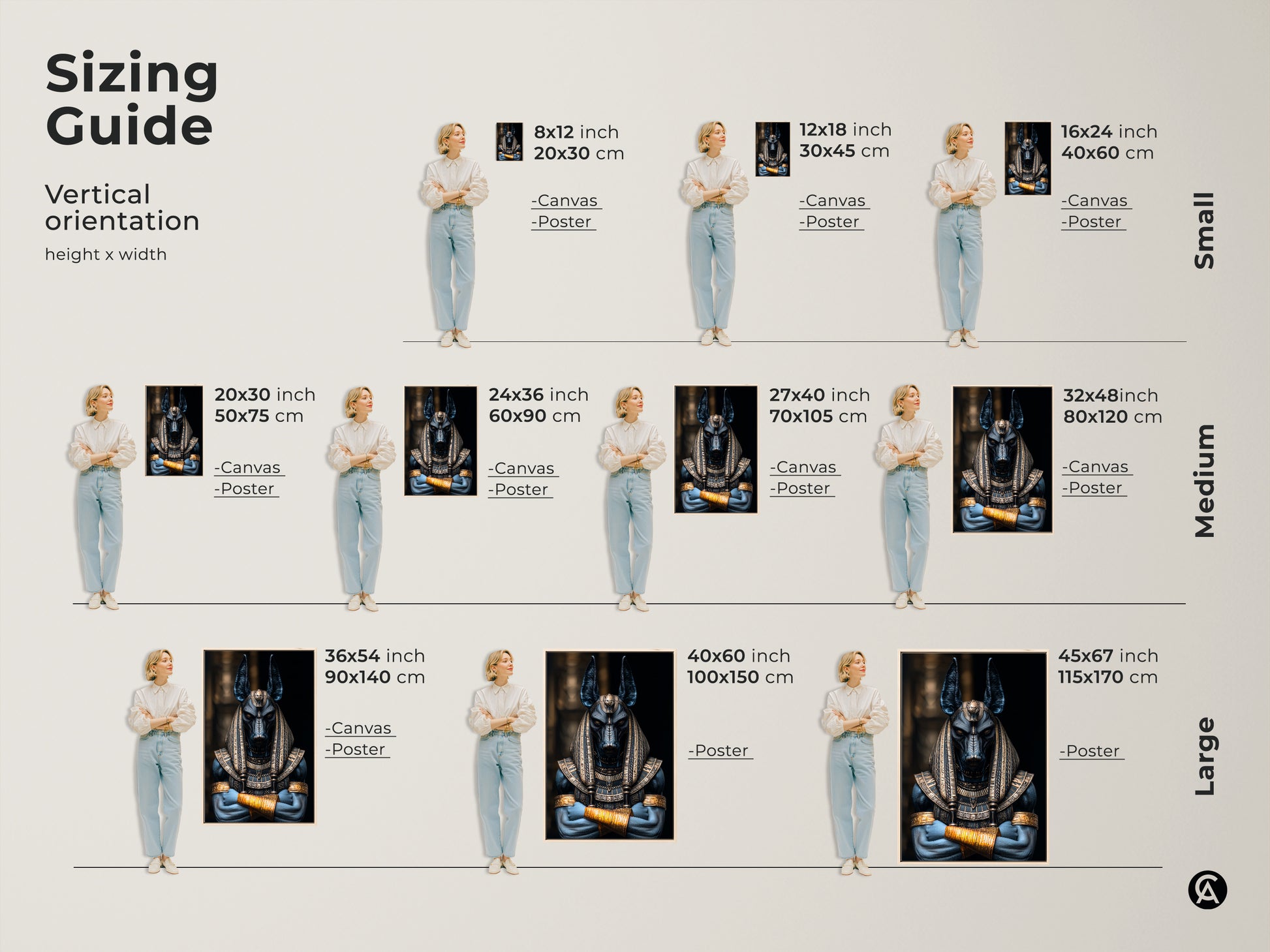 Sizing guide for vertical orientation. Anubis Jackal God Art Print in canvas and poster options. Available in small medium and large sizes. Perfect Egyptian Mythology Wall Decor for study room wall art or eclectic home decor. Dark fantasy canvas art.