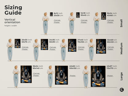 Sizing guide for vertical orientation. Anubis Jackal God Art Print in canvas and poster options. Available in small medium and large sizes. Perfect Egyptian Mythology Wall Decor for study room wall art or eclectic home decor. Dark fantasy canvas art.