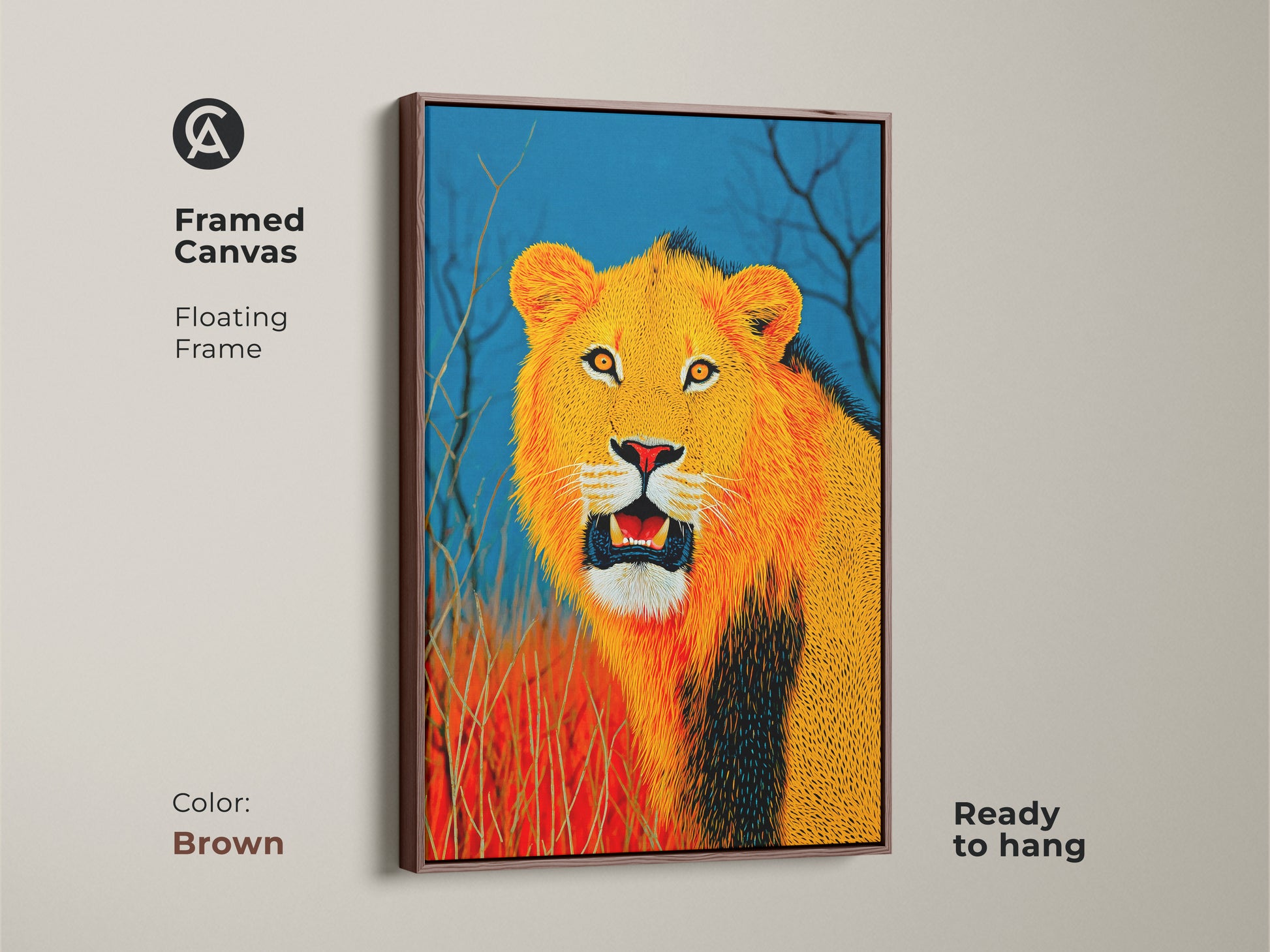 Framed Canvas featuring Lion King artwork. The brown floating frame enhances this animal portrait. Perfect for eclectic home decor. The golden yellow and blue tones bring out the Savanna landscape. A unique birthday gift for him ready to hang.