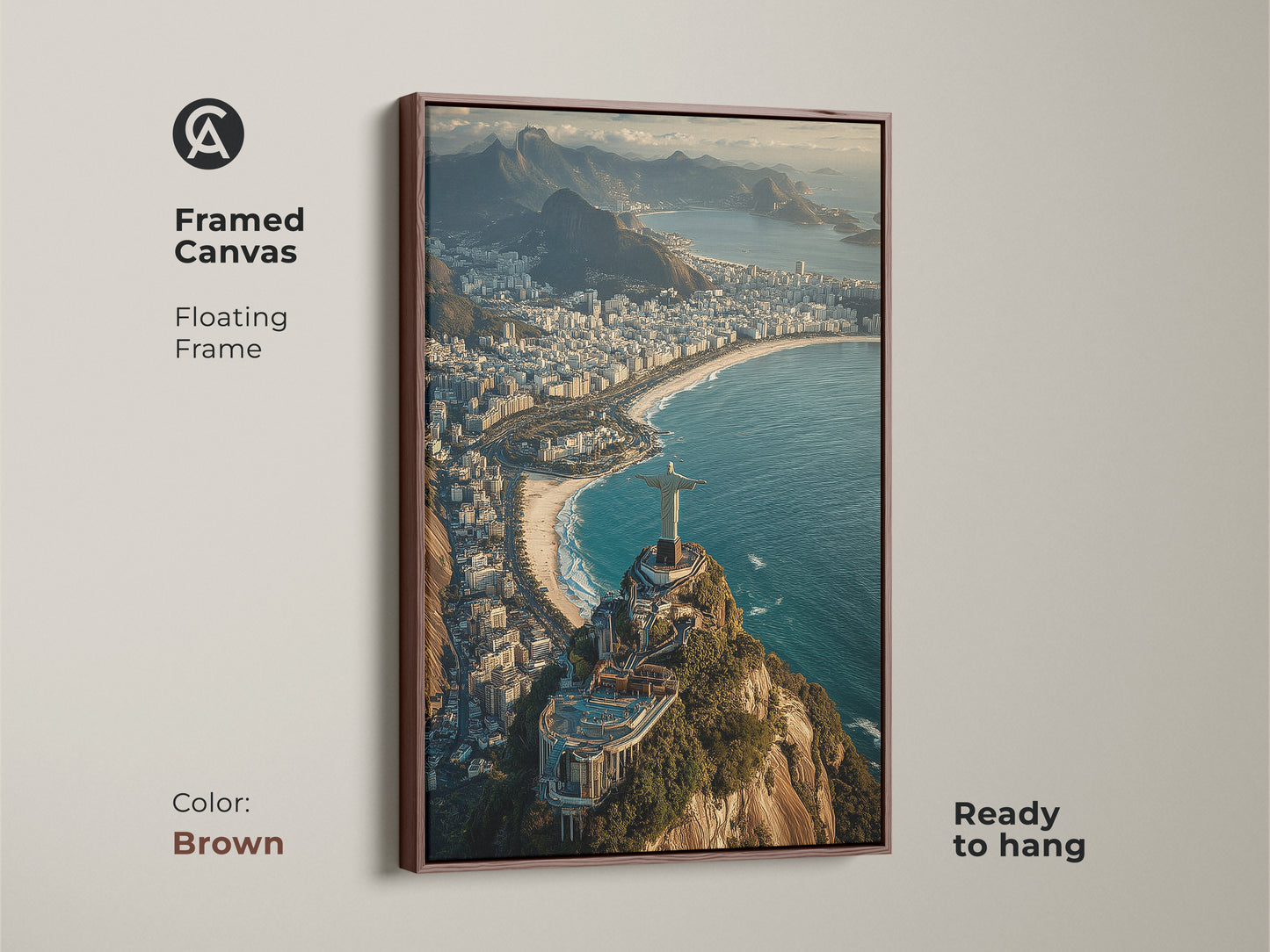 Framed canvas with a brown floating frame showcasing Christ the Redeemer in Rio. This aerial cityscape art offers a blue green teal coastal view. Ready to hang this travel photography print captures an iconic landmark. A perfect Brazil travel gift and contemporary home art for ocean view lovers.