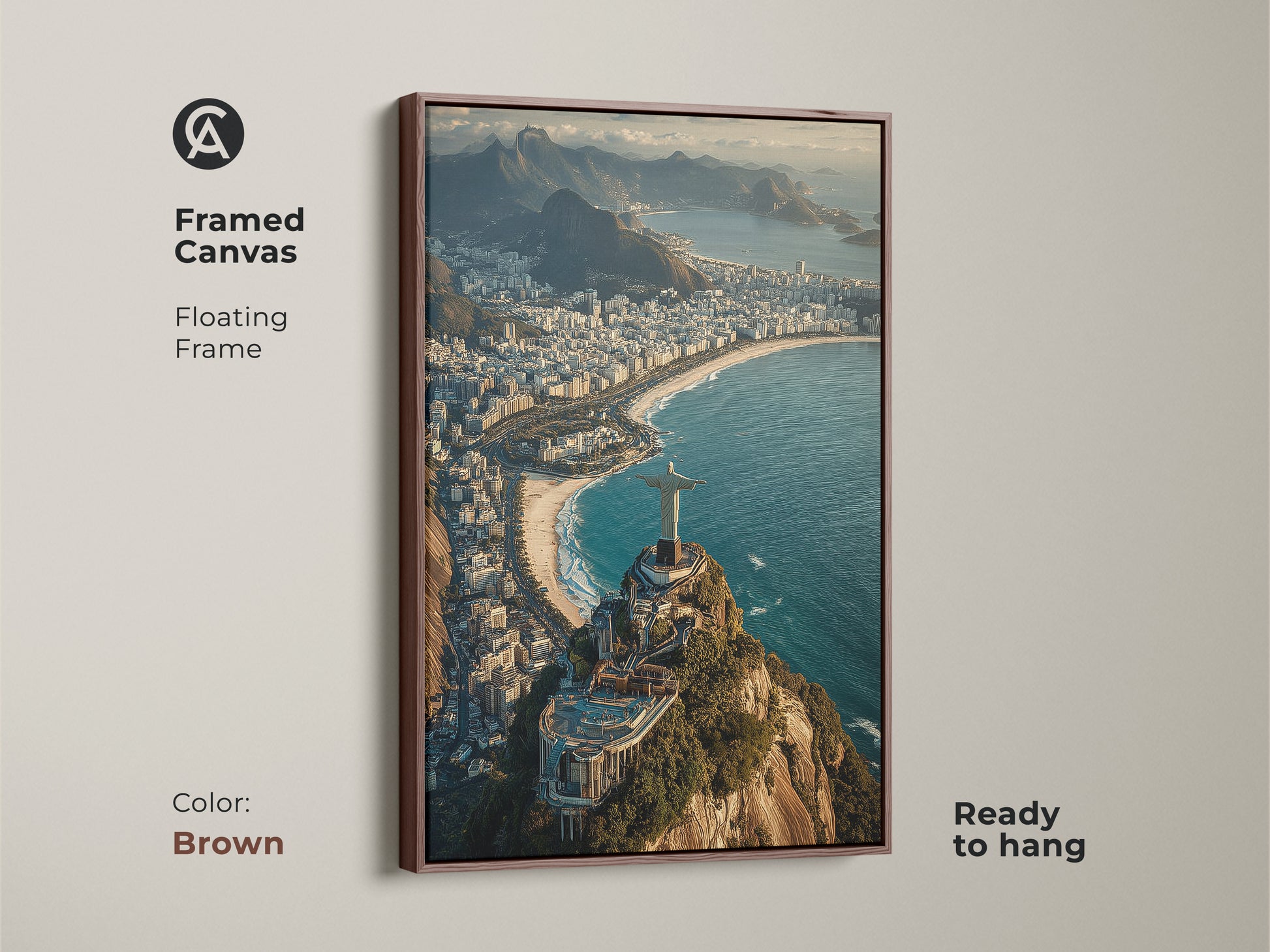 Framed canvas with a brown floating frame showcasing Christ the Redeemer in Rio. This aerial cityscape art offers a blue green teal coastal view. Ready to hang this travel photography print captures an iconic landmark. A perfect Brazil travel gift and contemporary home art for ocean view lovers.