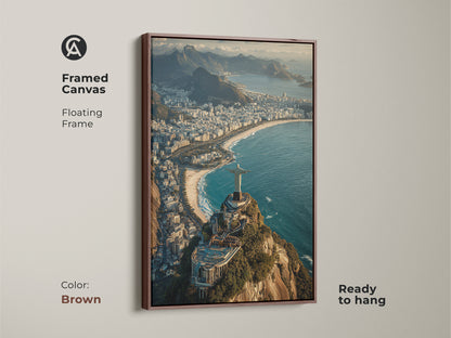 Framed canvas with a brown floating frame showcasing Christ the Redeemer in Rio. This aerial cityscape art offers a blue green teal coastal view. Ready to hang this travel photography print captures an iconic landmark. A perfect Brazil travel gift and contemporary home art for ocean view lovers.