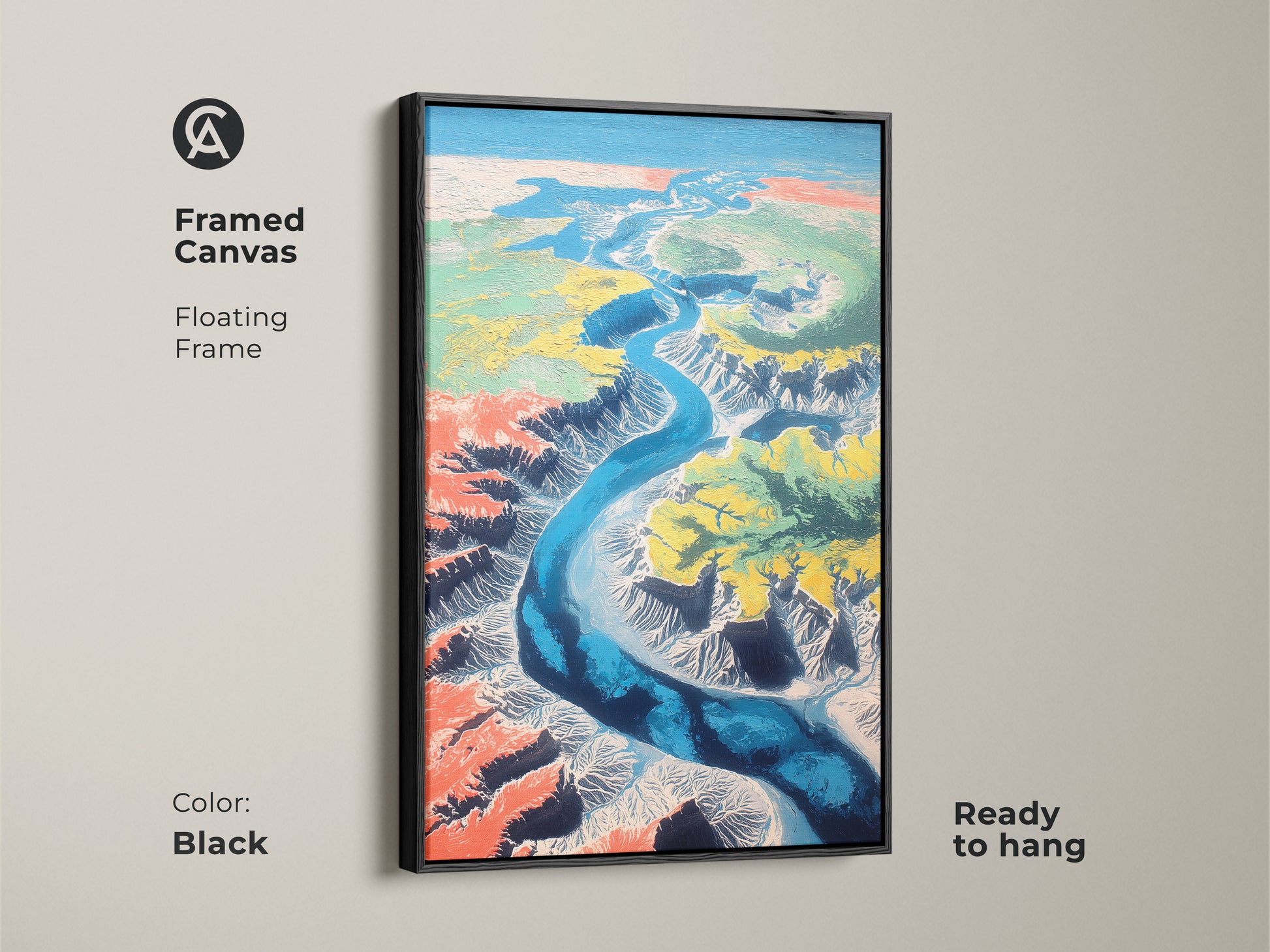The framed canvas features a floating frame. This abstract aerial landscape shows a teal blue river canyon. This contemporary artwork is ready to hang. It makes excellent office wall art abstract.