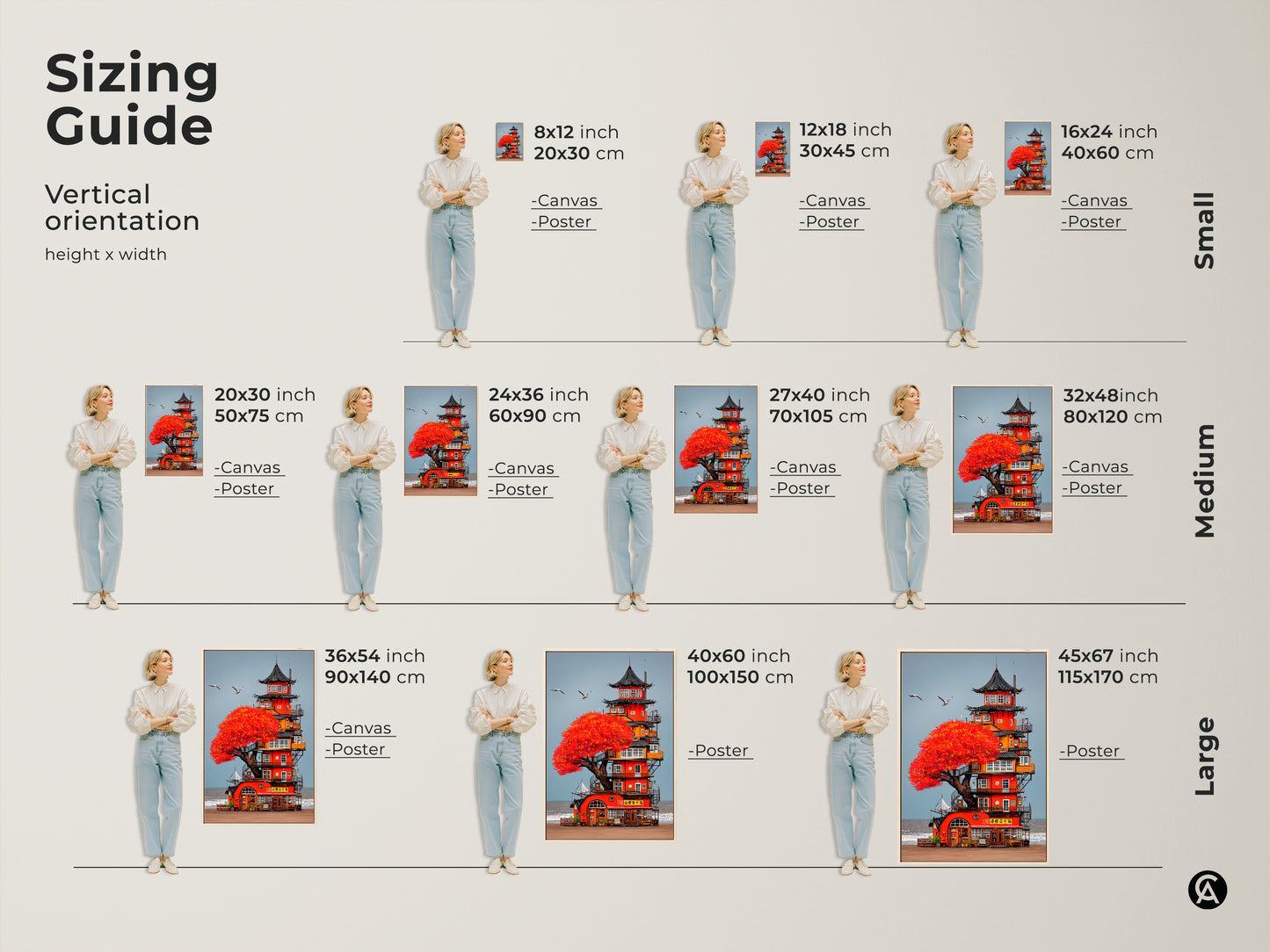 Size comparison of Japanese Pagoda art prints in inches and centimeters. See how various sizes fit above a sofa. Perfect for eclectic wall art decor or a unique travel-themed gift for beach lovers.