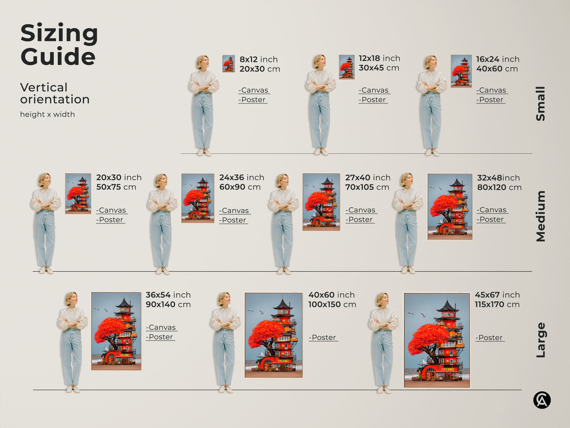 Size comparison of Japanese Pagoda art prints in inches and centimeters. See how various sizes fit above a sofa. Perfect for eclectic wall art decor or a unique travel-themed gift for beach lovers.