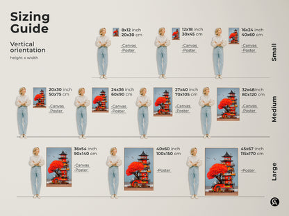 Size comparison of Japanese Pagoda art prints in inches and centimeters. See how various sizes fit above a sofa. Perfect for eclectic wall art decor or a unique travel-themed gift for beach lovers.