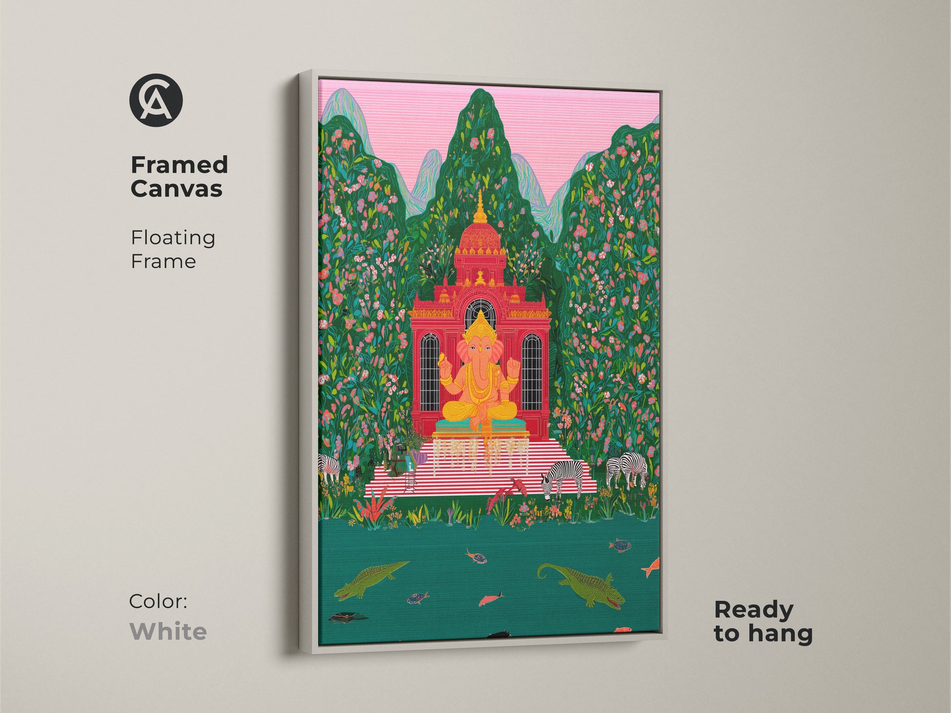 Framed Ganesha canvas art in a white floating frame. The spiritual wall art is ready to hang. This folk art print brings an eclectic vibe to any space. A red green tropical scene adds vibrant color. The Hindu deity artwork is perfect for unique wall decor.