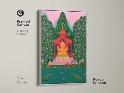 Framed Ganesha canvas art in a white floating frame. The spiritual wall art is ready to hang. This folk art print brings an eclectic vibe to any space. A red green tropical scene adds vibrant color. The Hindu deity artwork is perfect for unique wall decor.