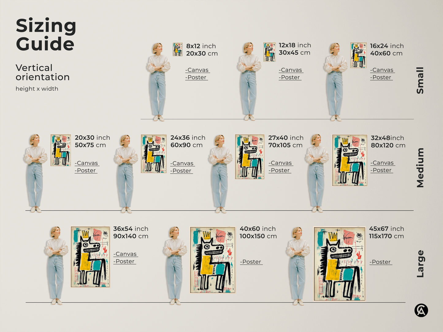 Sizing guide for the horse with a crown artwork. Vertical orientation height and width options available. Choose from canvas or poster prints. Find the perfect size for your space. Small medium and large sizes.