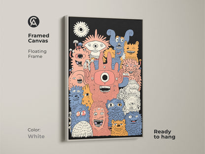 Framed kids wall art print with a white floating frame. The cartoon monster artwork is ready to hang. The canvas art is perfect for eclectic home decor. It features a unique monster illustration for a children's bedroom.