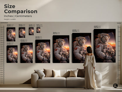 A size comparison shows the leopard astronaut art in various dimensions. These pieces are displayed above a couch. Visualize how each space animal artwork fits your living space. This contemporary canvas is available in multiple sizes. Select the perfect dimensions.