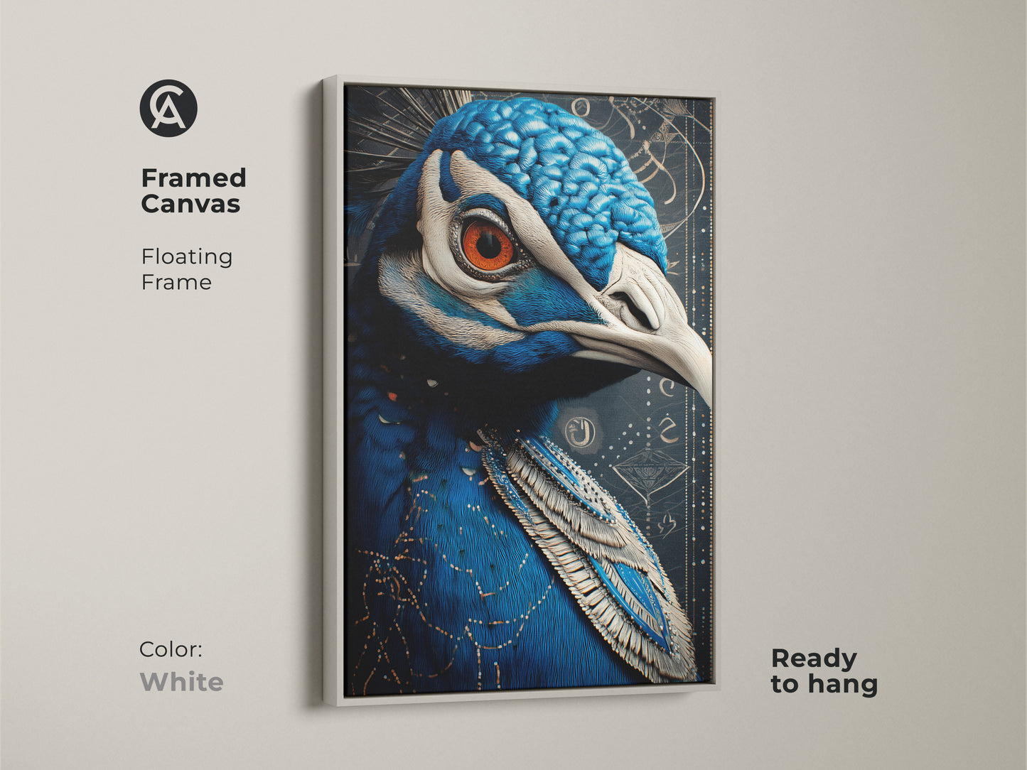 Framed canvas showcasing an Art Nouveau peacock in a white floating frame. Ready to hang this colorful bird wall hanging brings a modern touch. Orange eye and deep blue tones captivate nature and bird lovers. Great home or office decor.