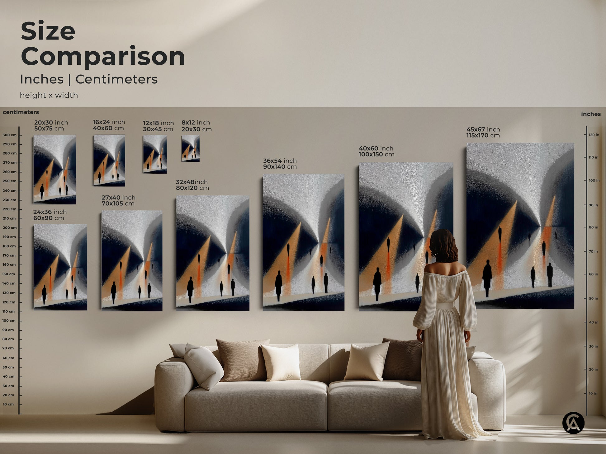 Size Comparison shows inches and centimeters for Gold Navy Abstract Art Prints. Contemporary figures are walking a path. Minimalist silhouette canvas adds sophistication. This art print is perfect for modern interiors and as a housewarming gift art.