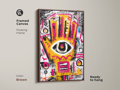 Brown framed canvas of abstract artwork. The floating frame enhances the vibrant yellow and pink hand with an eye. This modern art piece is ready to hang. Perfect for adding a pop of color.