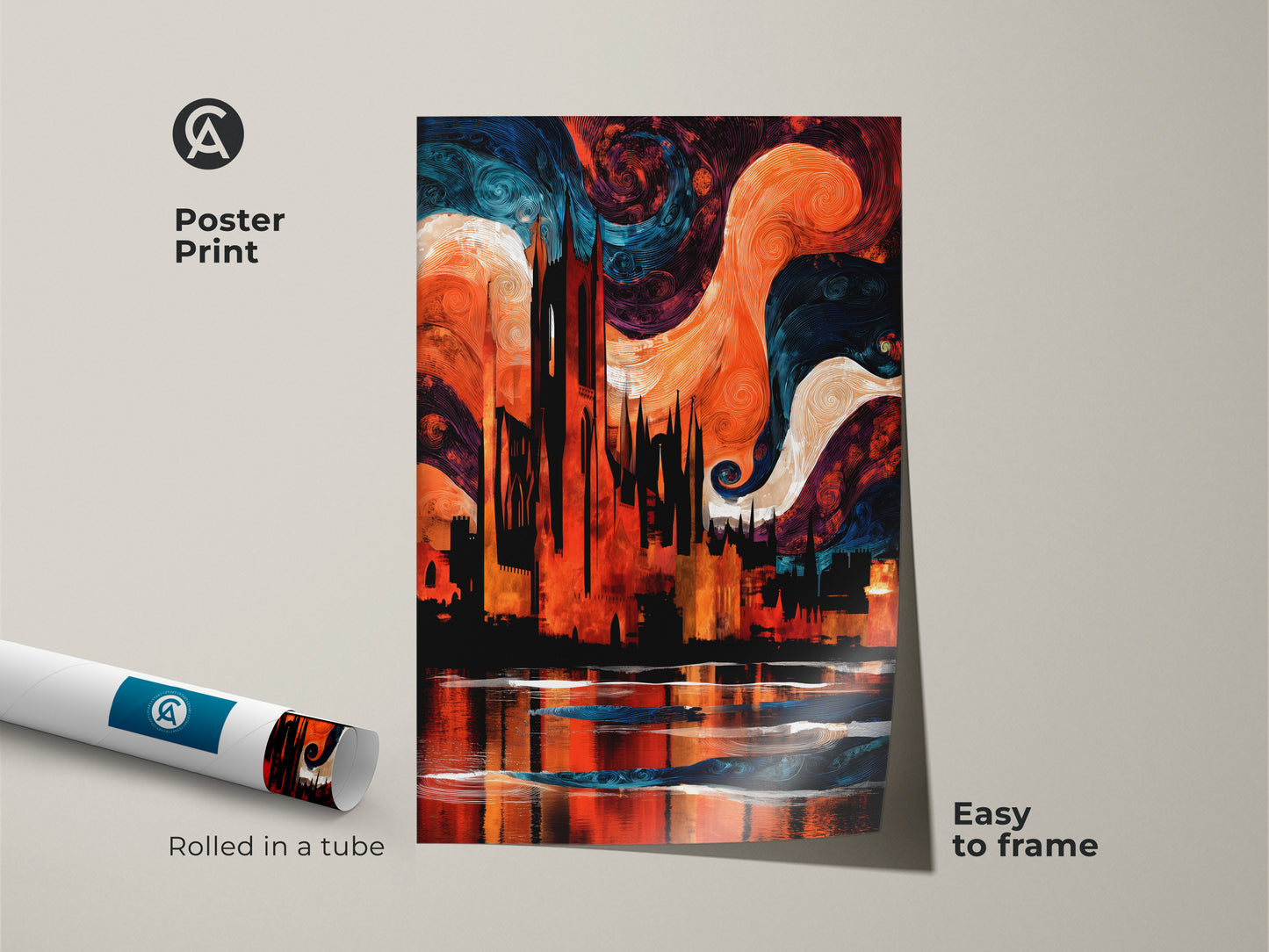 Poster print of an Abstract Cityscape with Gothic Cathedral elements. Rolled in a tube and easy to frame this colorful city artwork is a vibrant abstract canvas. Perfect for modern abstract painting enthusiasts.