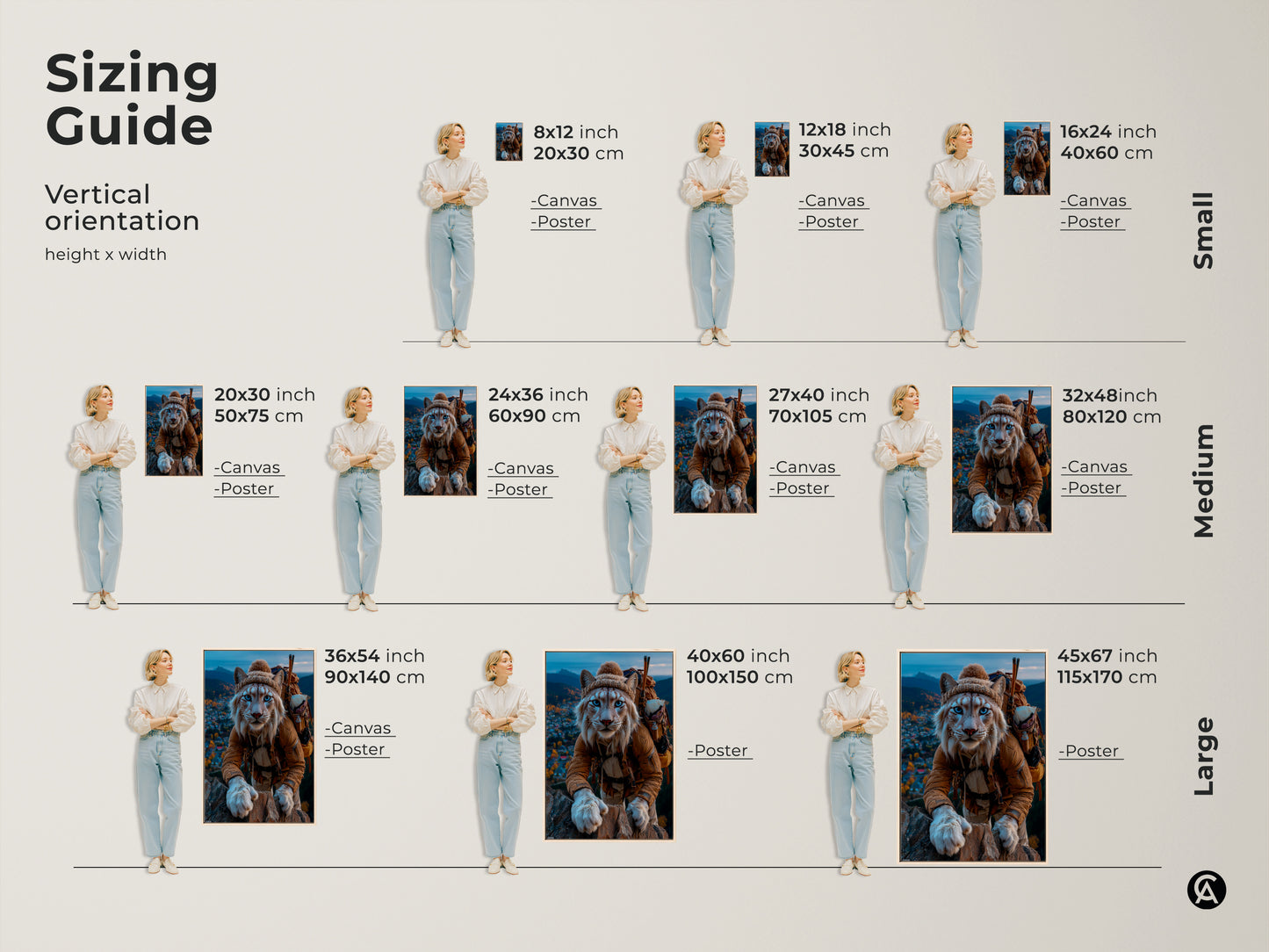 Sizing guide for vertical orientation Lynx artwork. Options are canvas and poster prints. Sizes include small medium and large prints. This sizing guide helps you decide which size you want for your mountain explorer cat print. Find the perfect fit for your home decor.