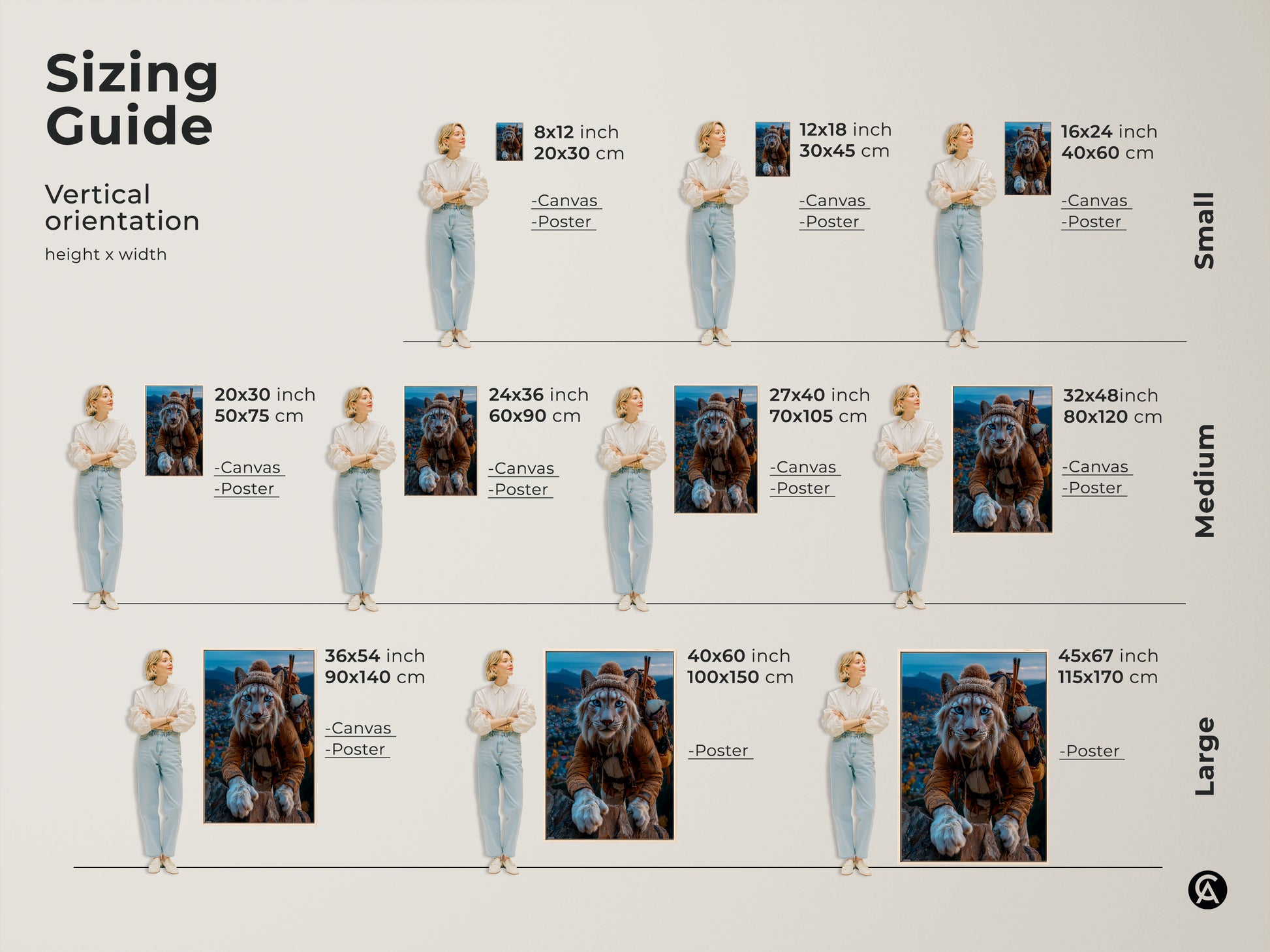 Sizing guide for vertical orientation Lynx artwork. Options are canvas and poster prints. Sizes include small medium and large prints. This sizing guide helps you decide which size you want for your mountain explorer cat print. Find the perfect fit for your home decor.