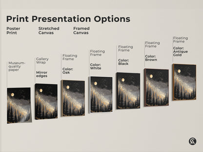 Discover print presentation options for abstract night sky wall art. Explore poster prints stretched canvas and framed canvas. Find museum quality paper gallery wrap and floating frame options.
