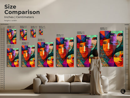 Size comparison of geometric abstract faces art in inches and centimeters. This image shows different canvas and poster print sizes. Visualize how the teal orange and red cubist portrait looks above a sofa. Plan your eclectic modern wall decor effectively.