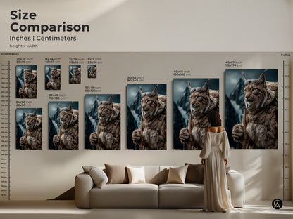 Size comparison of rustic Lynx artwork. Inches and Centimeters are specified. Artwork is offered as canvas or poster in various sizes. The photorealistic lynx is dressed for outdoor adventure. Featuring a backpack and goggles on. The tan brown teal wildlife artwork adds rustic charm to any room.