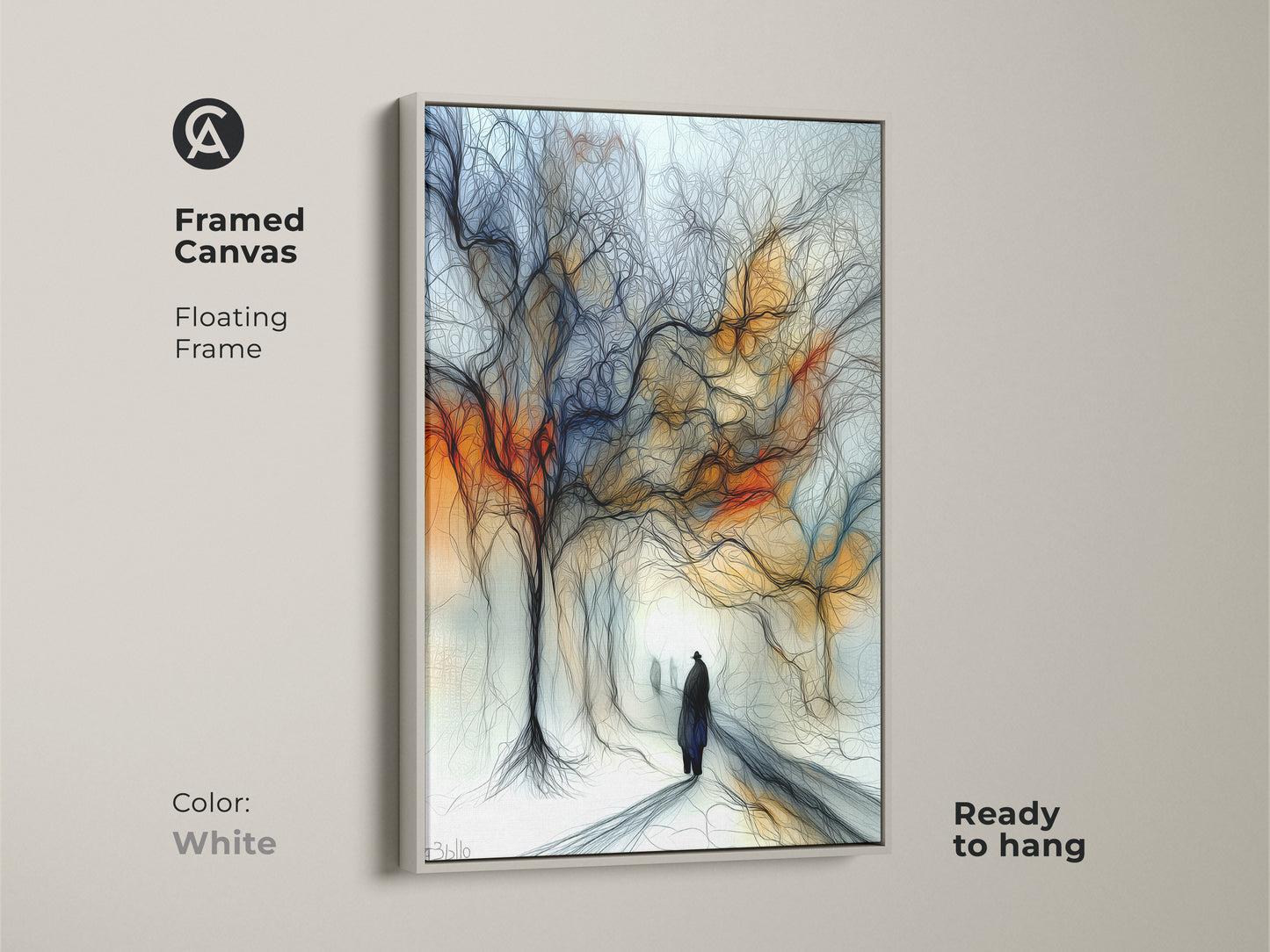 White framed canvas featuring expressive tree artwork. The abstract figurative figure is in an orange and blue eclectic style. This artwork is ready to hang. A great wall art gift for art lovers.