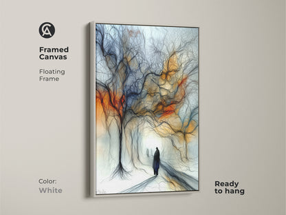 White framed canvas featuring expressive tree artwork. The abstract figurative figure is in an orange and blue eclectic style. This artwork is ready to hang. A great wall art gift for art lovers.