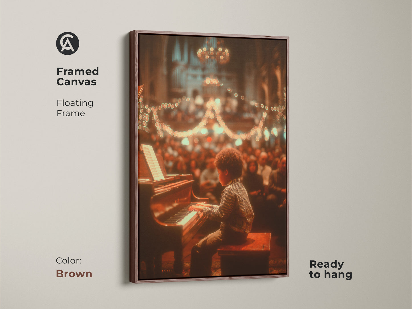 This framed canvas features a floating frame in brown. The artwork shows a young boy playing piano in front of an audience. The art is ready to hang. It adds a classic touch to your home decor.