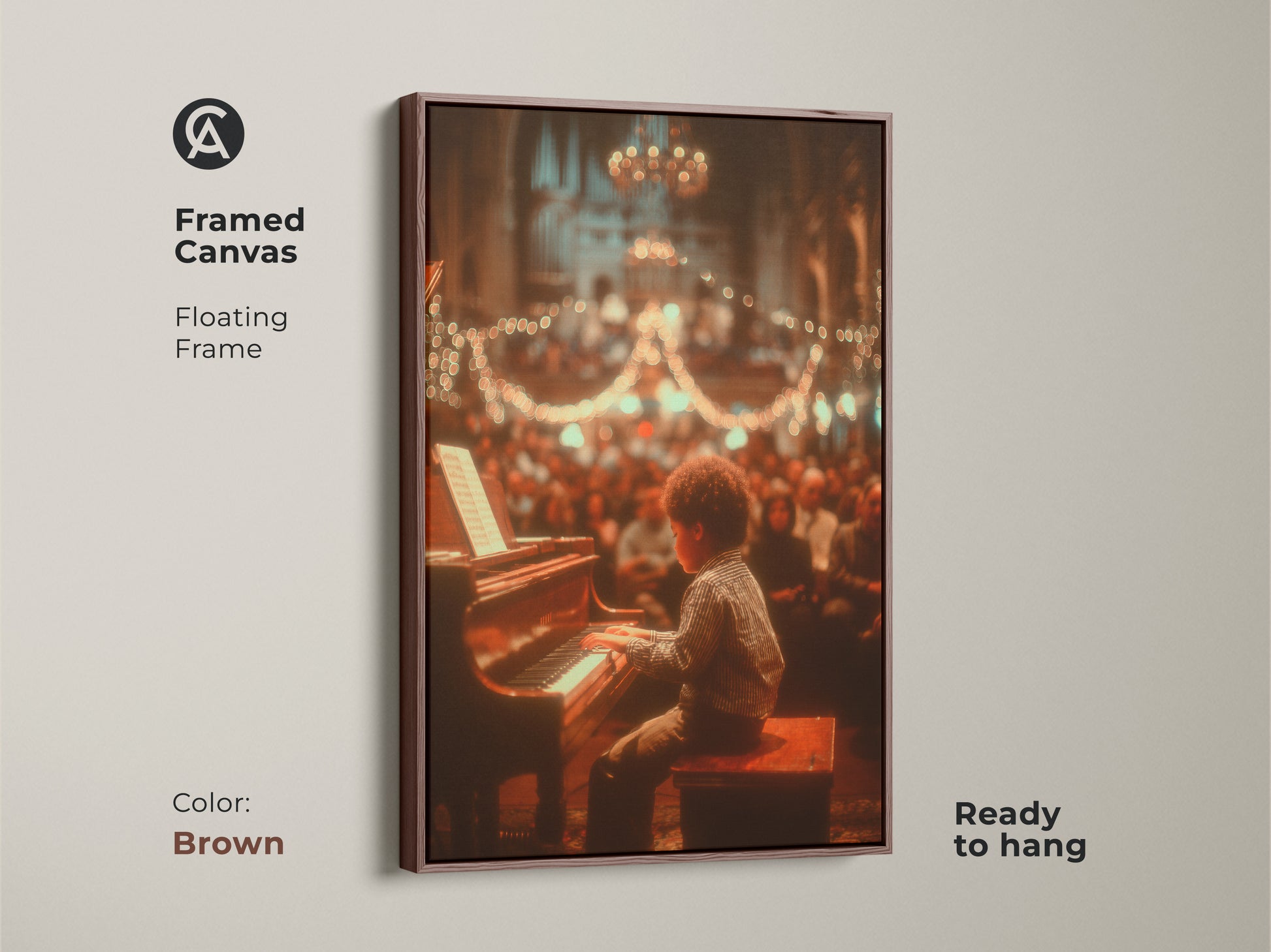 This framed canvas features a floating frame in brown. The artwork shows a young boy playing piano in front of an audience. The art is ready to hang. It adds a classic touch to your home decor.