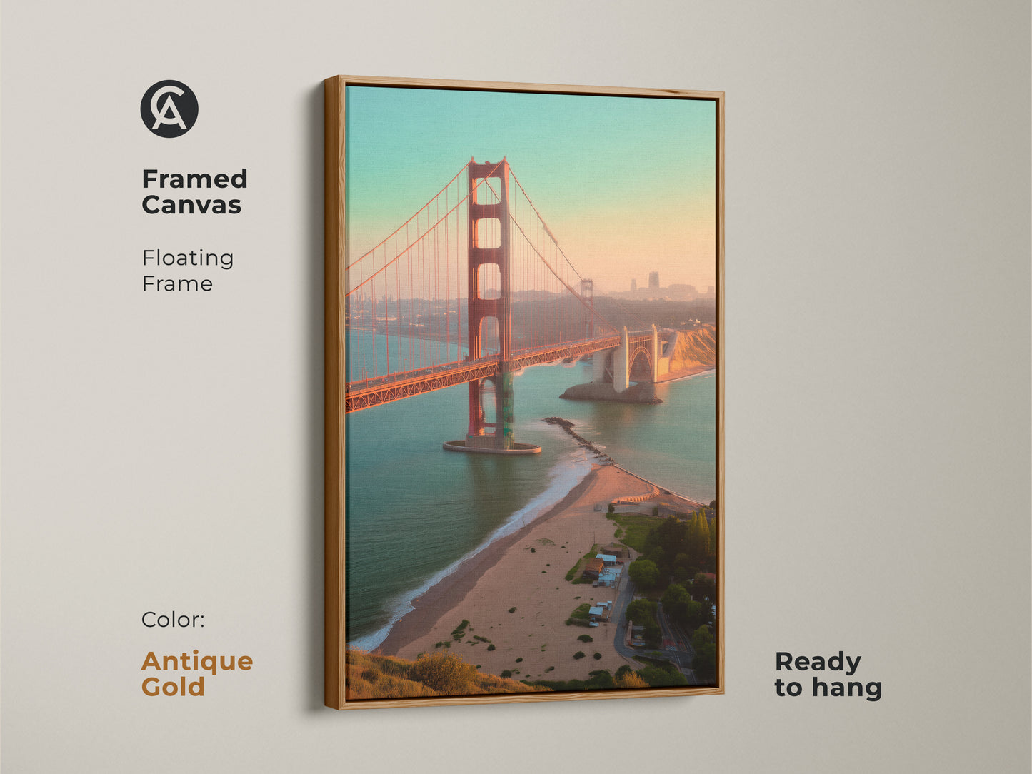 Framed canvas art featuring the Golden Gate Bridge. Antique gold floating frame adds elegance. San Francisco skyline print for modern entryway art. Travel lover gift idea.
