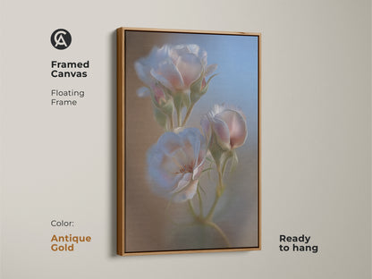 Framed Canvas featuring soft focus roses. This botanical rose artwork has an antique gold floating frame. The artwork brings a touch of gentle color to any room. This wall art is a perfect gift for mom. The canvas comes ready to hang.