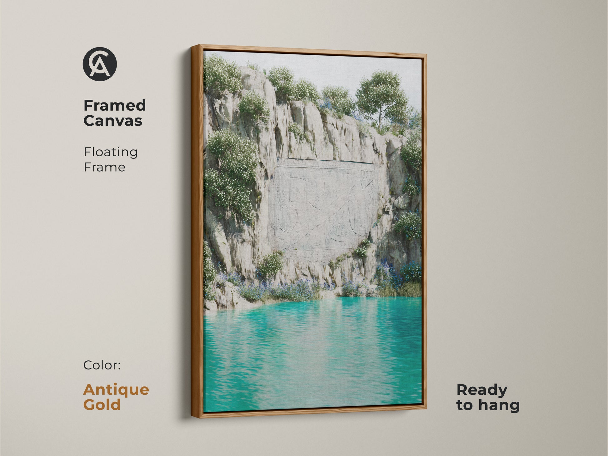 Framed canvas print of a surreal cliff landscape in an antique gold floating frame. Features teal gray turquoise water and fantasy nature carved stone artwork. This eclectic home decor nature art is ready to hang. A unique housewarming gift for travel enthusiasts and art lovers.