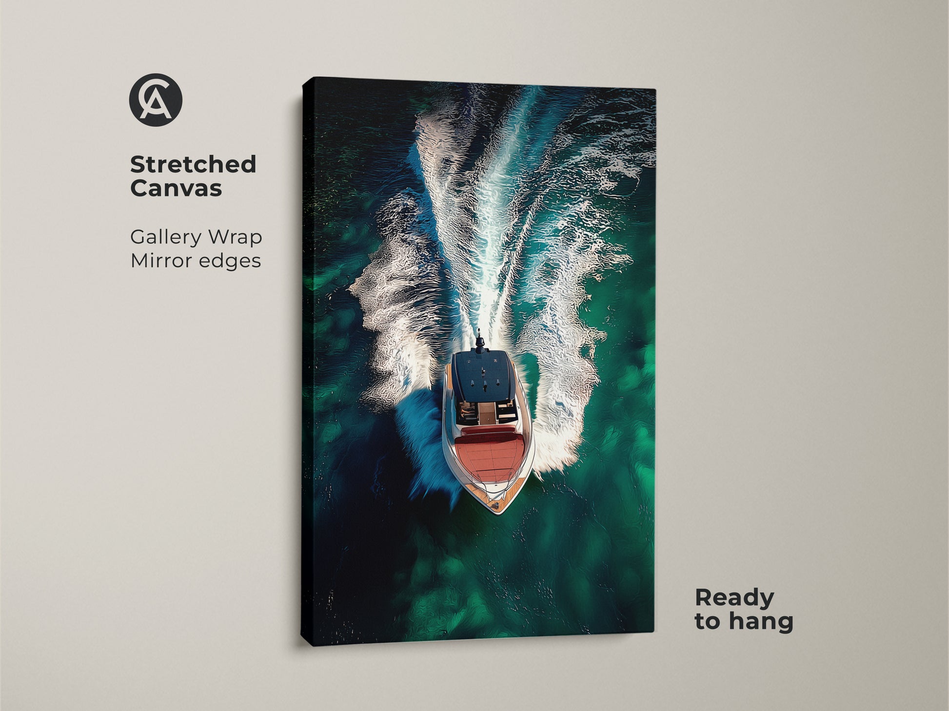Stretched canvas gallery wrap of an aerial speedboat. The emerald green ocean wall art captures turquoise waters. Ready to hang this contemporary boat artwork adds a nautical theme to any space. Ideal luxury yacht canvas art.