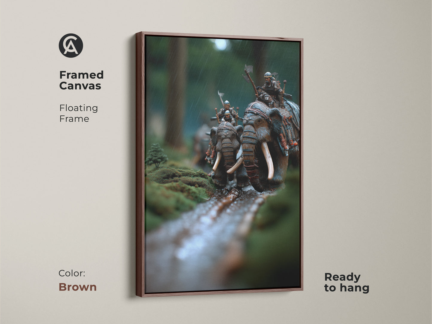 Framed canvas art showing elephant warriors. Brown floating frame ready to hang. The moss green and earthy brown tones enhance this fantasy battle scene artwork. A unique animal themed art piece for eclectic home decor and office warrior wall hanging.