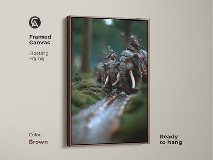 Framed canvas art showing elephant warriors. Brown floating frame ready to hang. The moss green and earthy brown tones enhance this fantasy battle scene artwork. A unique animal themed art piece for eclectic home decor and office warrior wall hanging.